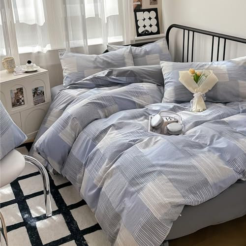 LifeTB Set Copripiumino Stile Moderno Patchwork King in Cotone Geometrico Copripiumino King in Cotone Geometrico Blu Grigio Beige Plaid Copripiumino Patchwork a Righe Copripiumino Boho a Righe e