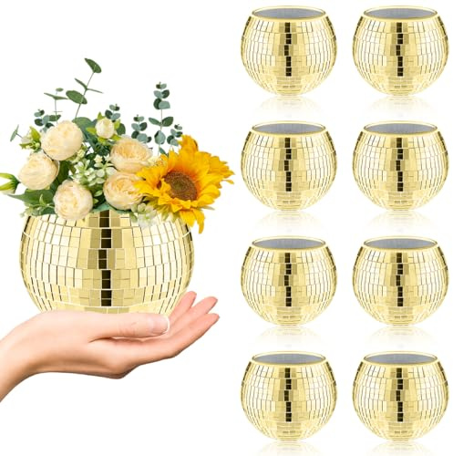 8 PCS Disco Ball Vase,Glass Disco Ball Planter Candle Holder Vase Bulk Mirror Disco Ball Flower Vase for Wedding Centerpieces,Birthday,Office,Bedroom(Gold)
