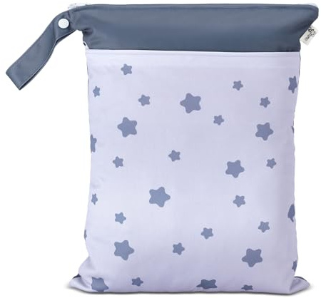 BebeBiu Baby Nasstaschen für Stoffwindeln– Wasserdichter Wetbag aus Polyester mit 2 Reißverschlusstaschen und Griff, Wiederverwendbar, für Kindergarten, Wickeltasche und Unterwegs (Blue Star)
