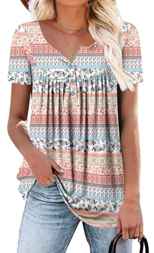 CHICZONE Womens Short Sleeve V Neck Tops Henley Shirts Summer Shirts Loose Fit for Leggings