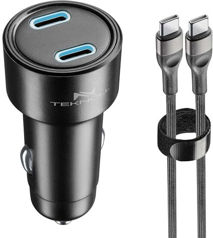 Teknoll - Caricabatterie Rapido 65W - 2 Porte: 1xUSB-C 20W PD + 1xUSB-C 45W PD - Cavo USB-C 1m Incluso - LED Attivo - Ricarica Sicura in Auto - Adatto a Tutti Gli Smartphone, Tablet e Laptop - Nero