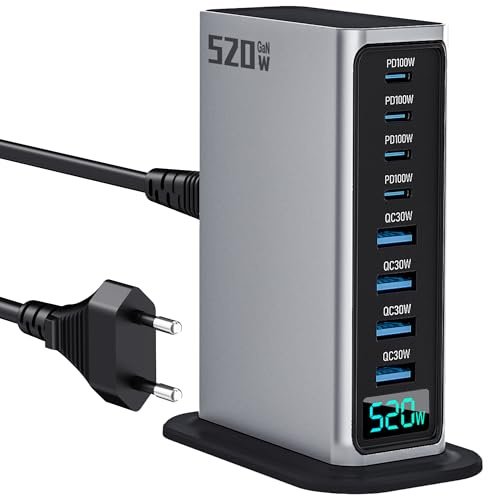 520W USB C Charger 8 Port PD 100W 65W 45W 30W GaN Wall Charger Adapter Plug USB A Fast Charging Station Block for MacBook Pro/Air, iPad, iPhone 17 16 Galaxy S26 Pixel Dell Laptop Type C Phone Android