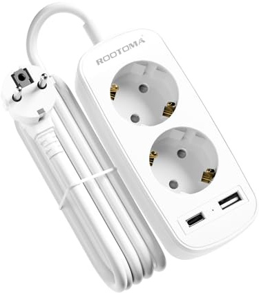 Doppelsteckdose, Verlängerungskabel 1M, Reisesteckdosenleiste Klein mit 3 USB (2 USB-C), 2 Fach Steckdose für Hause Büro Reisen, Weiß