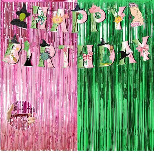 Green and Pink Party Decorations, Glitter Streamers Backdrop Birthday Decorations With 1 Party Banner, Tinsel Foil Fringe Curtains for Disco Birthday Decor (3.28 X 8.2 Ft)