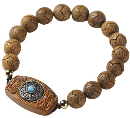 VALICLUD Bracelet en Bois Naturel Perles Rondes Vert Élastique Six Mots Prière Spirituelle Femme Accessoire Voyage