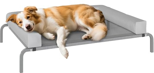 PawHut Cama Elevada para Perros Refrescante con Refuerzos Extraíbles Cama Elevada para Perros Medianos Portátil con Malla Transpirable Marco de Acero para Interior Exterior 110x75x30 cm Gris Claro