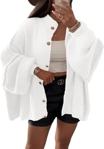Saodimallsu Cardigan da Donna, a Maniche Corte, con Bottoni, Apertura Frontale, a Maniche Lunghe, Large, per Autunno e Inverno, Bianco, XL