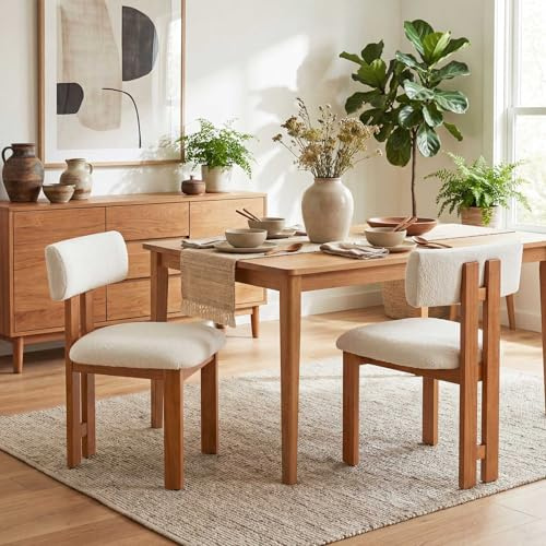 younturn Retro Mid Century Dining Chairs Set of 2, Boucle Upholstered Seats with Backrest and Solid Wooden Legs, Kitchen Chairs for Dining Room, Living Room, Cream