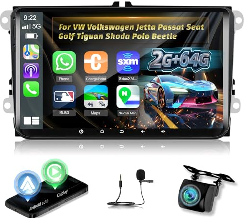 Android 2G+64G Radio de Coche para VW Volkswagen Jetta Passat Seat Golf Tiguan Skoda Polo Beetle, 9 Pulgadas Pantalla Táctil Radio Carplay & Android Auto/GPS/WiFi/Bluetooth/EQ/Radio FM RDS