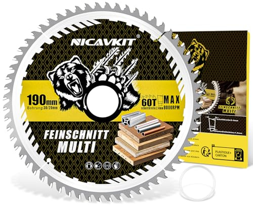 NICAVKIT Hoja de sierra circular de 190 x 30 mm de diámetro para madera, metal y aluminio, etc. Disco de Corte multimaterial 190 x 30 mm, compatible con Bosch, Makita y Dewalt, etc.