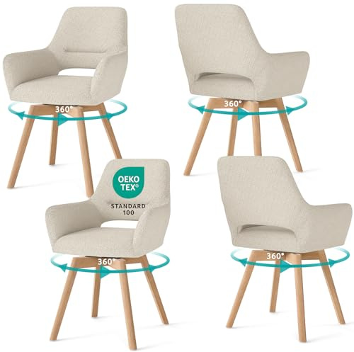WAFTING 360° Esszimmerstühle Drehbar 4er Set mit Armlehnen, Buchenbeinen | Polsterstühle, Drehstuhl Esszimmer, Küchenstuhl Drehbar, für Wohnzimmer, Schlafzimmer, Arbeitszimmer, Empfangszimmer, Khaki