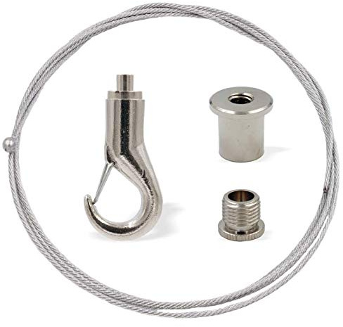 Licht-Zubehoer.de Abhängeset mit Haken für höhere Lasten | Deckenbefestiger, Schraubkappe Hakenhalter/Drahtseilhalter, Drahtseil Ø1,8mm, Länge 5000mm, Silber