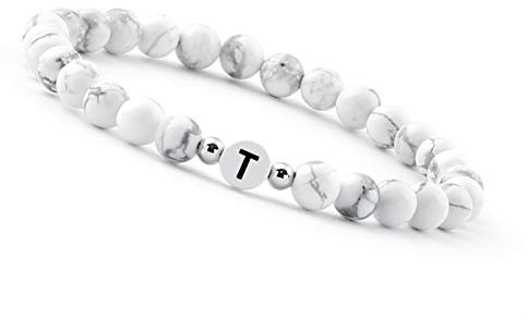 GD GOOD.designs Bracelet de couple avec la lettre T | Bracelet partenaire en perles de howlite (lettre T)