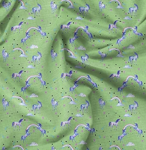 Soimoi Grun Baumwoll-Voile Stoff Einhorn & Regenbogen Natur Stoff Meterware 42 Zoll breit