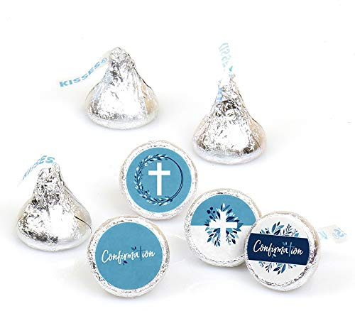 Big Dot of Happiness Confirmation Blue Elegant Cross - Boy Religious Party Round Candy Sticker Favors - Labels Fit Chocolate Candy (1 Sheet of 108)