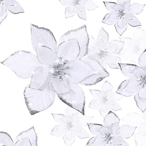 WILLBOND Fleurs de Poinsettia de Paillettes de Noël Fleurs Artificielles de Paillettes de Mariage Ornements de Spain de Noël du Nouvel an (Blanc, 24)