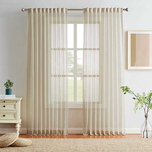 Melodieux Gardinen mit Kräuselband - Halbtransparente Gardinen Beige, 2er Set, 245x140cm, Creme Vorhänge Durchsichtig, Fertiggardine für Wohnzimmer, Esszimmer, Schlafzimmer
