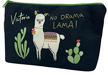 Flauschige Kosmetiktasche inkl. Namensdruck | Motiv No Drama Lama in schwarz | kleine Schminktasche mit lustigem Motiv & Spruch | Kulturtasche Make-up Täschchen in hellblau & rosa