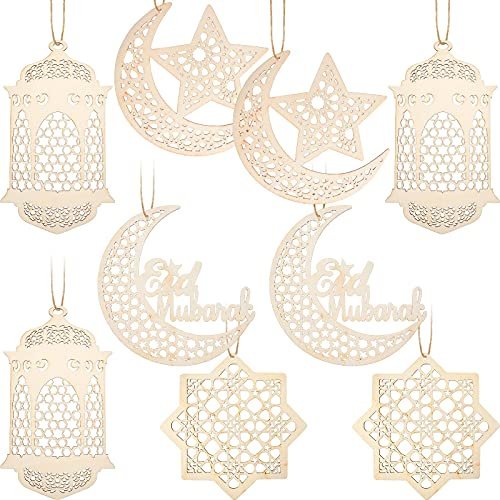 9 Pieces Ramadan Decorations for Home, Wooden Pendant Ornament Ramadan Kareem Hollow Moon Star Wind Light Shape Pendant Ornament Rustic Happy Eid Hanging Sign for Mubarak Eid Party Decorations