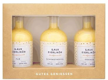 Laux Eierlikör Geschenkset – Pur, Schokotrüffel & Orange – Cremiger Likörgenuss in Probiergröße – Feinkost-Präsent für Genießer - Geschenk-Ideen für Frauen & Männer (3x50ml) (20% Vol.)