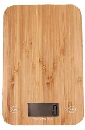 Balance de cuisine numérique en bambou 5 kg/1 g - Fabriquée de manière durable, balance électronique, fonction d'ajout et de pesée, écran LCD rétroéclairé, balance alimentaire cuite au four