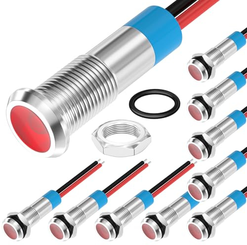 DaierTek LED Indicator Light 12V Red LED 6MM Metal Waterproof 12 Volt Indicator Light 1/4 Flat Head Pilot Light Panel Mount with Wire for Automotive Car -10Pcs
