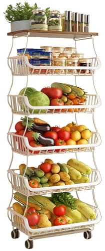 MURRI&MURRDI Fruit Vegetable Storage Basket with Wooden Lid, 6 Tier Stackable Kitchen Cart with Wheels, Tall Produce Snack Racks Display, Narrow Rolling Cart for Pantry Onion Potato, White