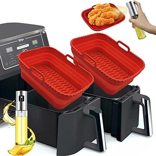 Daily Treasures 2Stk Faltbare Heißluftfritteusen-Liner für Ninja-Heißluftfritteuse Dual mit 1Stk-Ölsprüher-Spender, Ninja-Heißluftfritteusenzubehör Wiederverwendbare Silikonauskleidung (Rot)