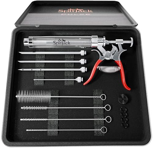 SpitJack PULSE Meat Injector Gun, BBQ Meat Marinade Injector Kit for Brisket, Pork Shoulder, Turkey and Chicken, 50ml with 4 Stainless Steel Needles, Case and Guide