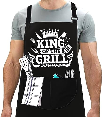 LINEN CLOSET® Delantal King of the Grill para hombre, delantales divertidos para barbacoa, cocina, cocina, regalo, delantal con 2 bolsillos delanteros, hogar, cocina, jardín, trabajo, restaurante,