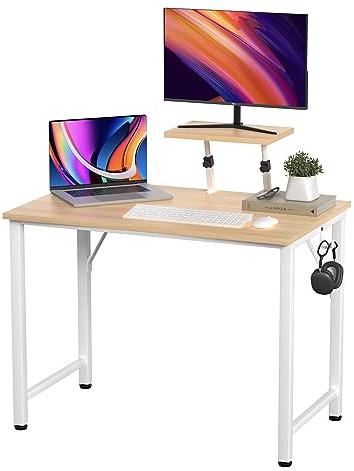 PIPIPOXER Mesa Escritorio 80x40x75-91cm, Escritorio de Computadora Mesas con Soporte Monitor para Ordenador y Gancho, Escritorio para Estudiantes y Trabajadores, PC Mesa de Escritorio, Madera