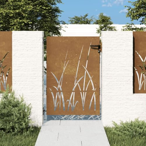 Homgoday Garden Gate, Metal Gate, Garden Door, Garden Gate, Fence Door, Yard Gate, Entrance Gate, Single Gate, Double Gate, Garden Fence, Gate, 85 x 125 cm, Corten Steel, Grass Design
