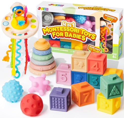 JOYIN Baby Spielzeug 6 Monate, Montessori Spielzeug Baby, Stapelspielzeug Blöcken, Silikon Zugschnur Aktivitätsspielzeug Motorikspielzeug, 4 in 1 Sensorik Spielzeug Kleinkinder Geschenk Junge Mädchen
