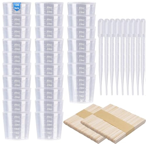 100Pcs Vasos Medidores de Plástico de 30ml 100Pcs Palos de Madera y 100Pcs Pipetas de 3ml, Vaso Mezclador Resina Epoxi para la Mezcla De Pintura De Resina Epoxi Laboratorio (300Pcs)
