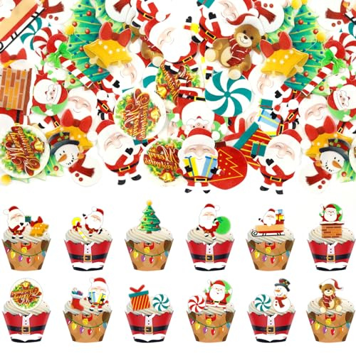 60 Stück Weihnachten Essbare Tortendeko, Zucker Dekoration, Kuchen Deko, Streudeko, Backzubehör für Cupcakes, Muffins, Schokolade, Süßigkeiten, Eis