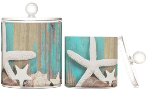 ISAOA Apothekergläser mit Deckel für Wattebällchen, Tupfer, runde Pads, Seesternmuscheln, Holz, türkis, Behälter für Badezimmer, Make-up, Aufbewahrungstopf, Wattebausch-Aufbewahrung, 2 Stück