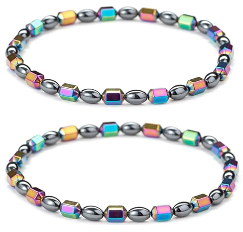 Apocalyptic-K Colourful Hematite Magnetic Anklets for Women, 24CM(9.45IN),Pack of 2, 6MM, (Colour Plating Magnetic Anklets,2pcs)