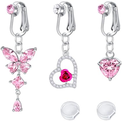 Briana Williams 3 Stück fake bauchnabelpiercing bauchnabel Clip on nicht piercings bauchnabel schmuck Silber Pink Schmetterling Herz CZ