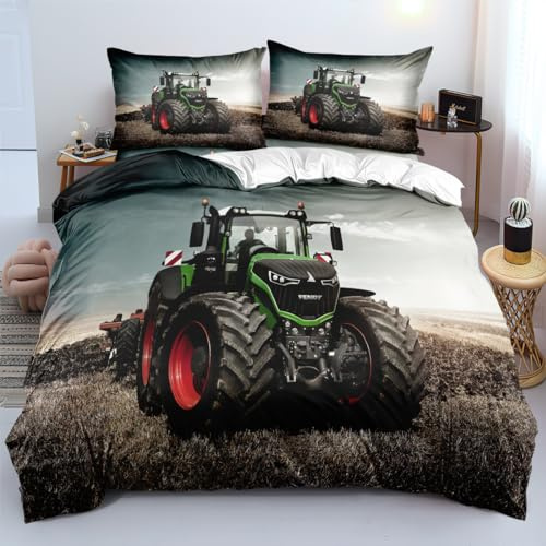 Kinde Bettbezug Set 135x200 Traktor Bettwäsche 135x200 Bettbezüge Set 3 Teilig 3D Traktoren Bauernhöfe Mähdrescher Motiv aus Mikrofaser Mit 2 Kissenbezüge 80x80cm und Reißverschluss Eckbändchen