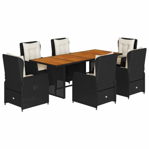 vidaXL 7-TLG. Garten-Essgruppe mit Kissen Schwarz Poly Rattan