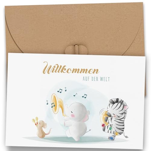 Karte zur Geburt für Mädchen und Jungen - Hochwertige Glückwunschkarte zur Geburt Baby mit Umschlag Willkommen auf der Welt Babykarte mit süßer Tierparade - Geschenk zur Geburt Klappkarte(A6)