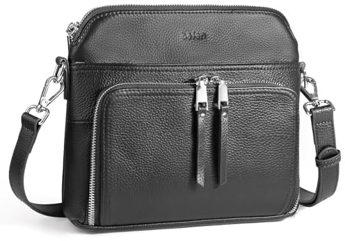 befen Echtleder Umhängetasche Damen RFID-Blockierung Handtasche Mittelgroß, Leder Crossbody Bag mit Integrierter Brieftasche, Schultertasche Damen Handytasche mit Verstellbar Schultergurt, Schwarz