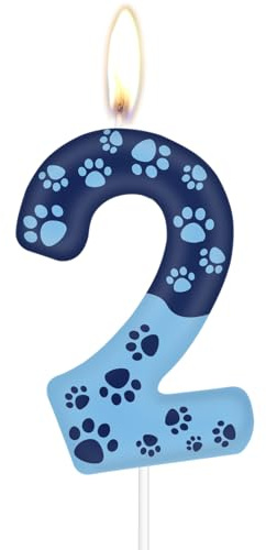 mciskin Blaue Hundepfotenkerze zum 2. Geburtstag, Blaue Zahl 2 Kerze für Kuchen, Kuchendekoration für Jungen Mädchen 2. Geburtstag, Pet Party Deko Zubehör