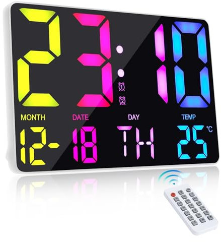 Luckits Digitaler Wecker Wanduhr, Wanduhr Digital mit Fernbedienung 13 Zoll LED-Display-Schreibtischuhren Temperatur Einstellbare Helligkeit 12/24 Stunden Kalenderuhr für Schlafzimmer-Bunte Ziffern