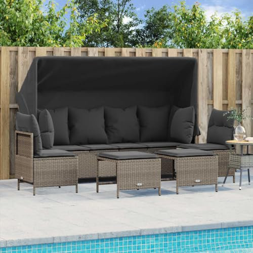 Homgoday Gartensofa mit Dach 5-TLG. Gartenlounge Balkonmöbel Gartenmöbel Loungemöbel Sitzgruppe Gartenbank Loungesofa Sofagarnitur mit Kissen Ecksofa für Balkon Terrasse Hellgrau Poly Rattan