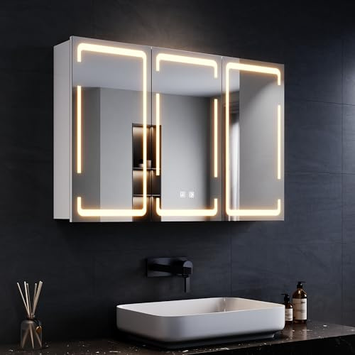 SONNI LED Spiegelschrank Bad 90x60 cm 3-Türig mit Steckdose & Dimmbar | Kabellose Scharniere, mit Memory, 3 Lichtfarben, Anti-Beschlag. HD Spiegel, Verstellbare Böden für die Badrenovierung