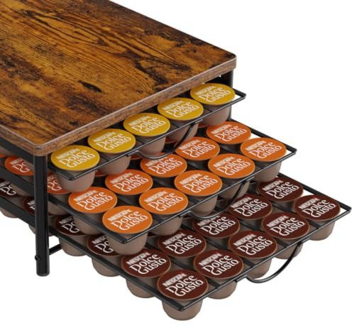 HFHOME Coffee Pod Holder for Dolce Gusto, 90 Capsules Storage Drawer, 3-Tier Thick Metal with Sturdy Wooden Top, Vintage Coffee Pod Storage with Non-Slip Feet, Silent Sliding