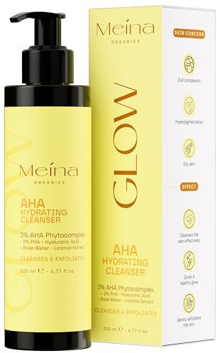 Meina AHA Glow Cleanser mit PHA, Hyaluronsäure und Rosenwasser, Aufhellende Gesichtsreinigung, Waschgel, Reinigungsgel, Brightening Face Wash Gel, Gesichtsreiniger, Make Up Entferner, 200ml