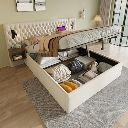 Bettanlage Schlafzimmer Komplett Set, Polsterbett Doppelbett Hydraulisch Stauraumbett 180×200 cm mit Stauraum&2 Nachttischen, Extrabreiter Kopfteil mit Leselicht&USB Ladefunktion, Ohne Matratze, Beige