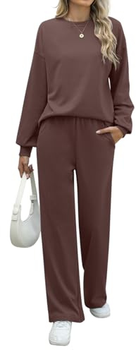 REORIA Damen Baumwolle Rundhals Jogginganzug Langärmliges Oberteil und weite Hose Zweiteiler Trainingsanzug Hausanzug Sport Set Lounge Set Kaffee XL